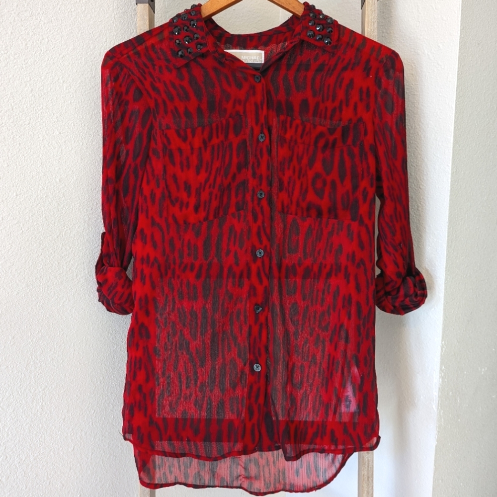 Michael Kors red leopard print button down with studded collar XXS